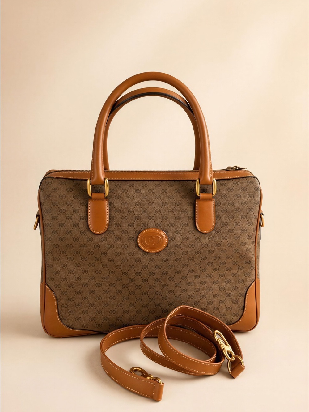 Gucci Tan Leather-Trim Micro-GG Supreme Two-way Bag